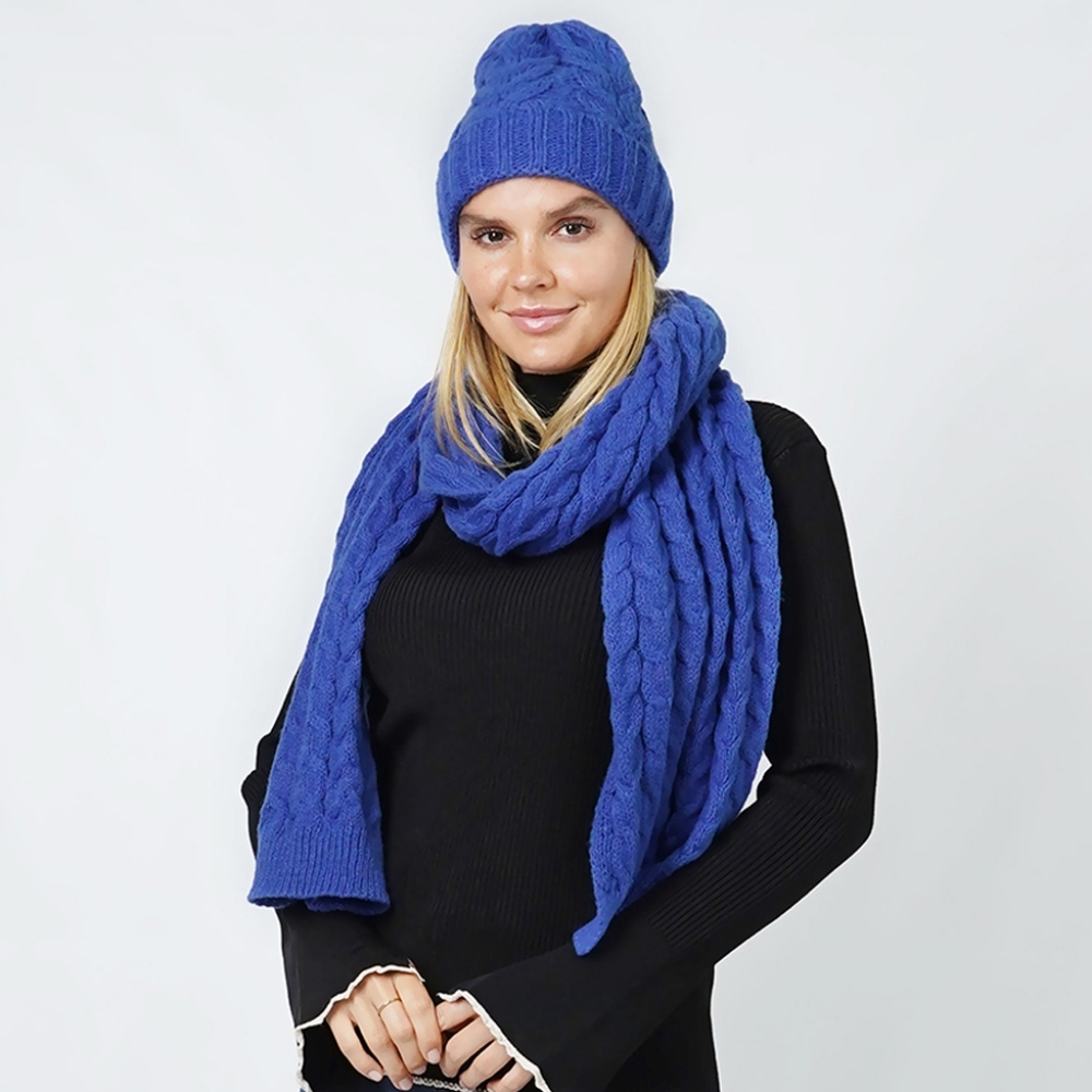 Royal Blue Cable Knit Style Beanie Hat and Scarf Set Winter Fashion Accessory